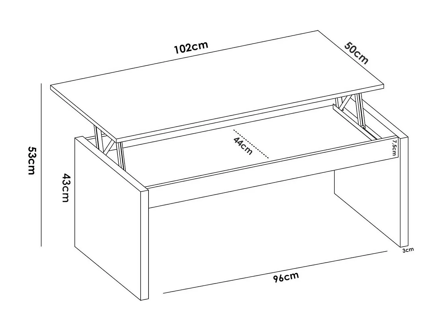 Table basse Cuar, Porte-revues de salon avec compartiment de rangement, Table basse élévatrice basse, 102x50h43 cm, Chêne