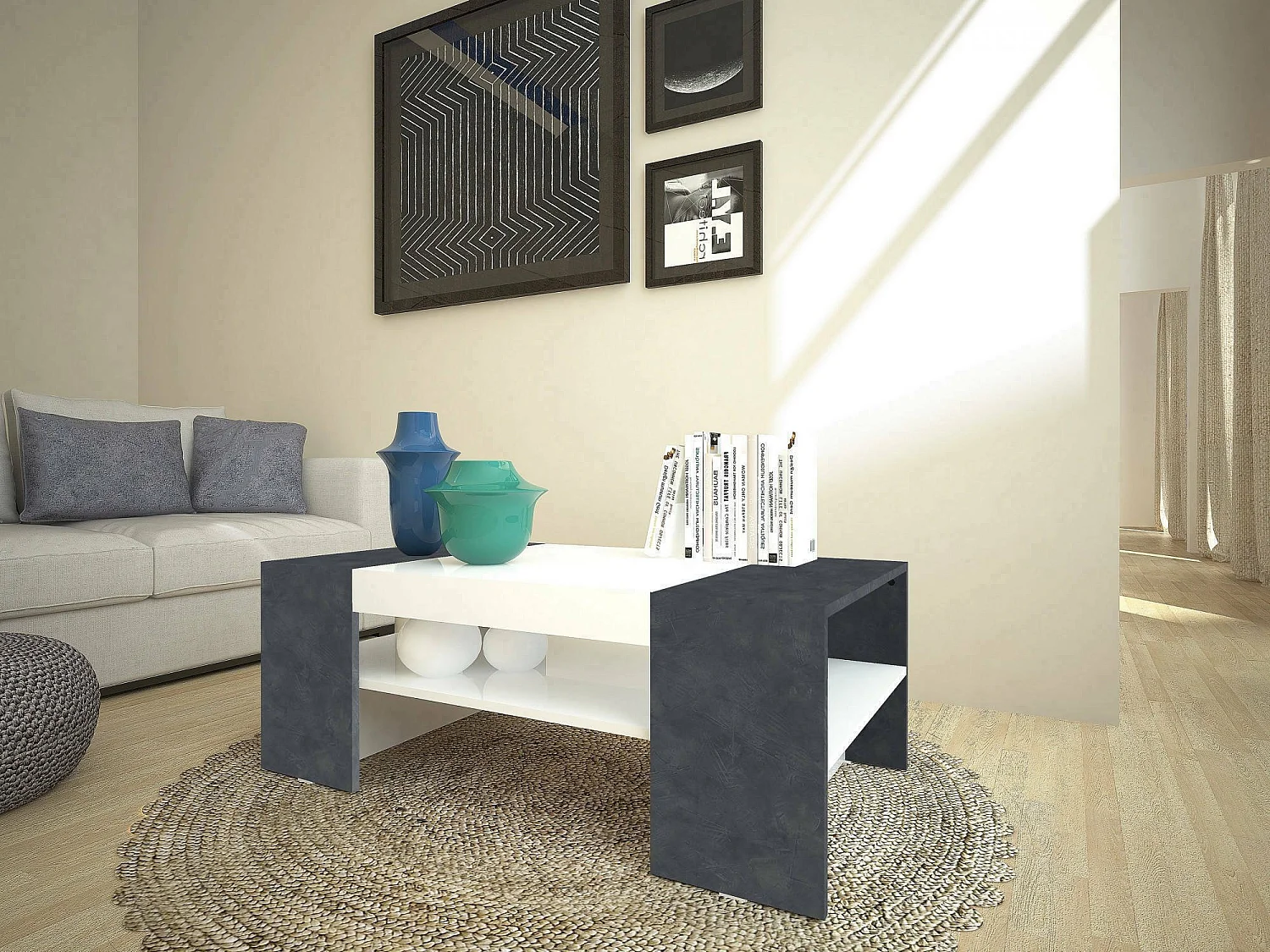 Dfort salontafel, Lage salontafel, Tijdschriftenrek, 100% Made in Italy, 110x60h40 cm, Glanzend wit en leisteen