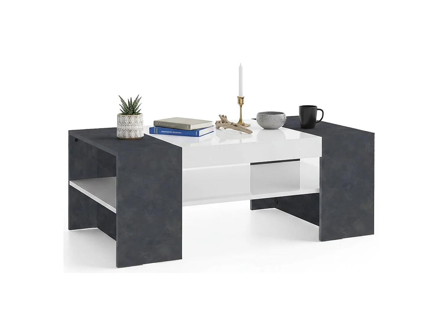 Dfort salontafel, Lage salontafel, Tijdschriftenrek, 100% Made in Italy, 110x60h40 cm, Glanzend wit en leisteen