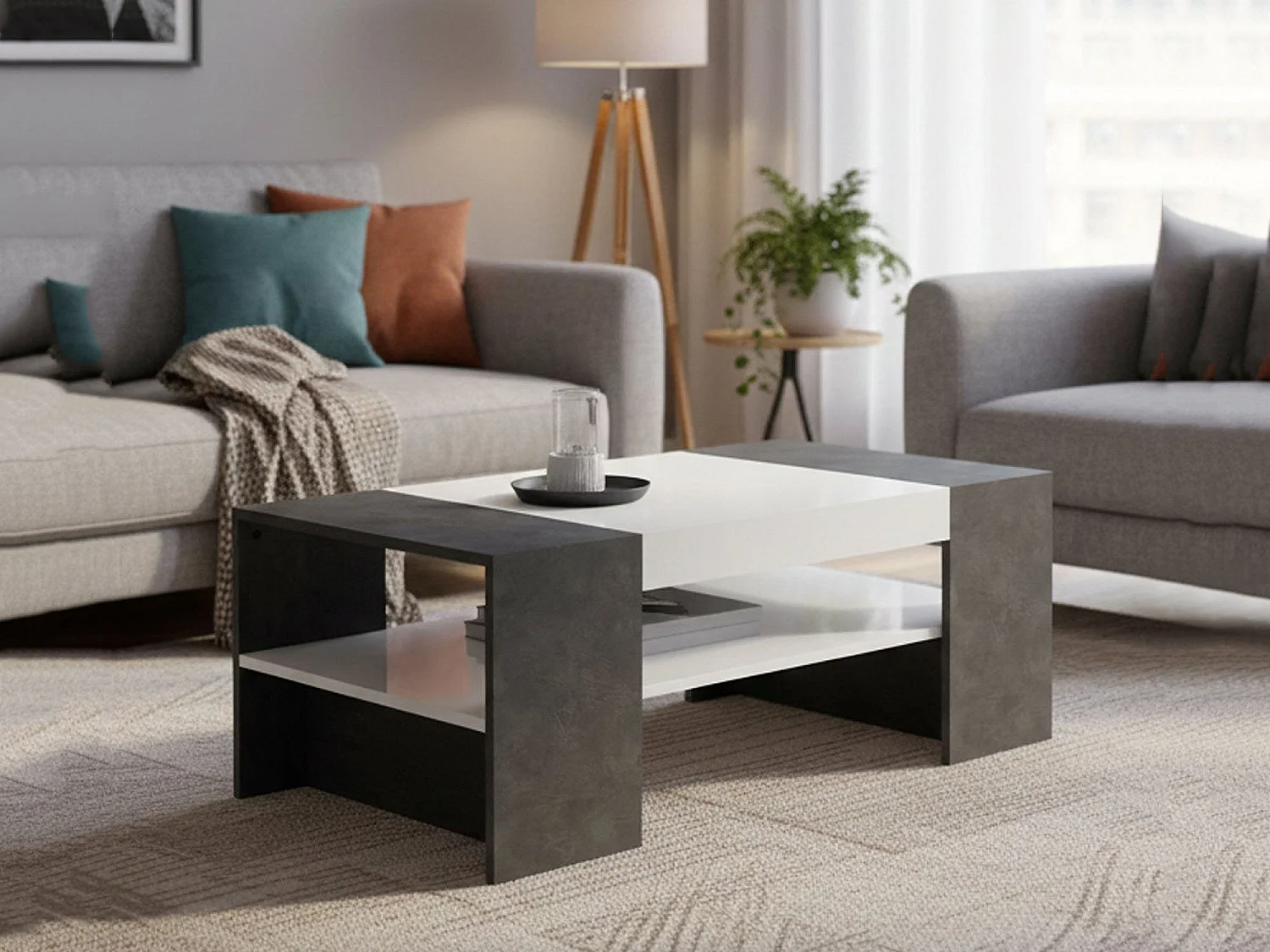 Dfort salontafel, Lage salontafel, Tijdschriftenrek, 100% Made in Italy, 110x60h40 cm, Glanzend wit en leisteen