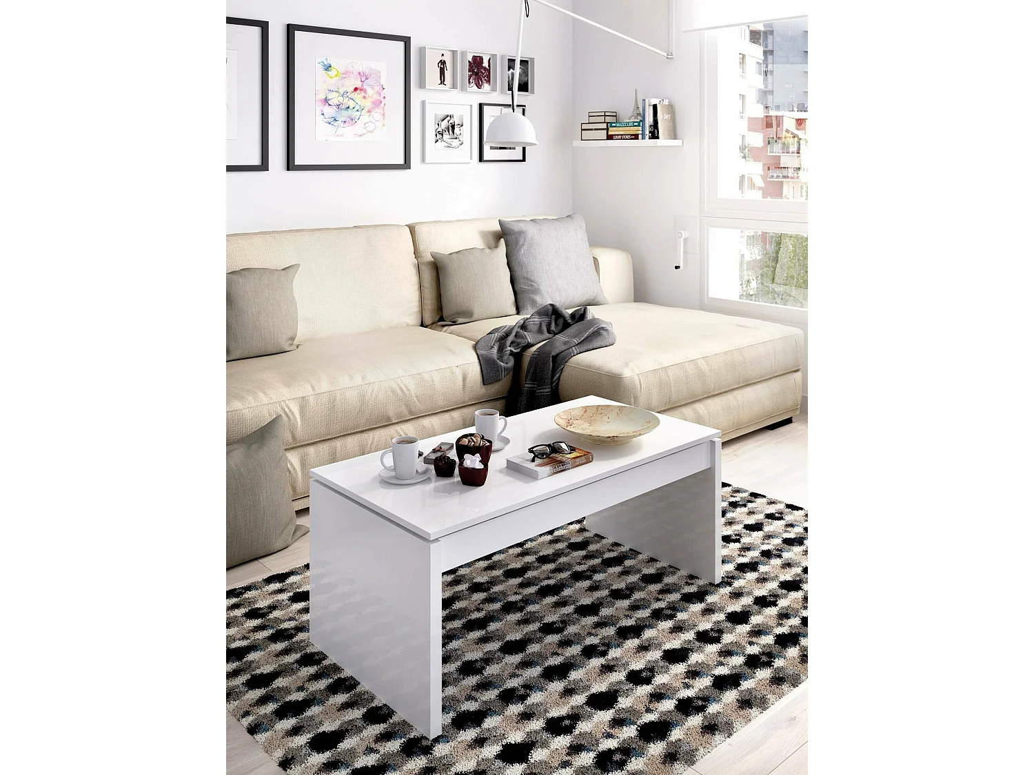 Dmora Salontafel Cuar 50x102x43h cm Wit Glanzend Opbergruimte Hefbaar Blad, Rechthoekig