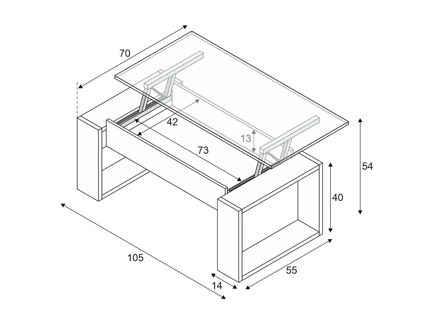 Table basse Ddav, Table basse avec plateau relevable, Table basse de salon, 105x55h45/56 cm, Blanc