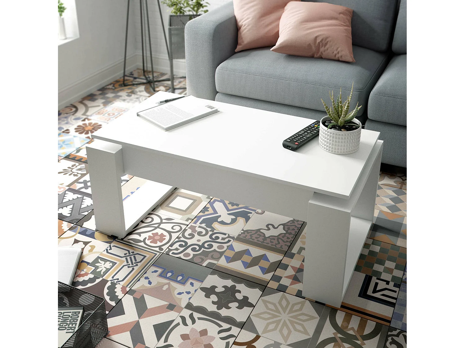 Tavolino da Salotto Aspra, Piano Elevabile Contenitore, 45x105x55h cm Bianco