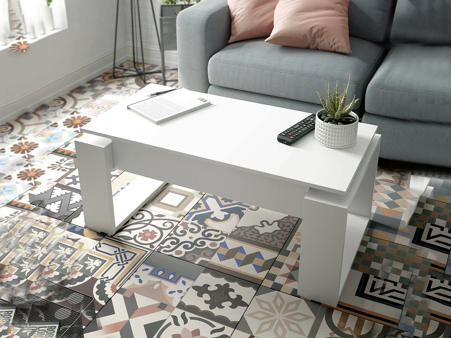 Mesa de centro Ddav, Mesa de centro com tampo elevável, Mesa baixa de sala, 105x55h45/56 cm, Branco