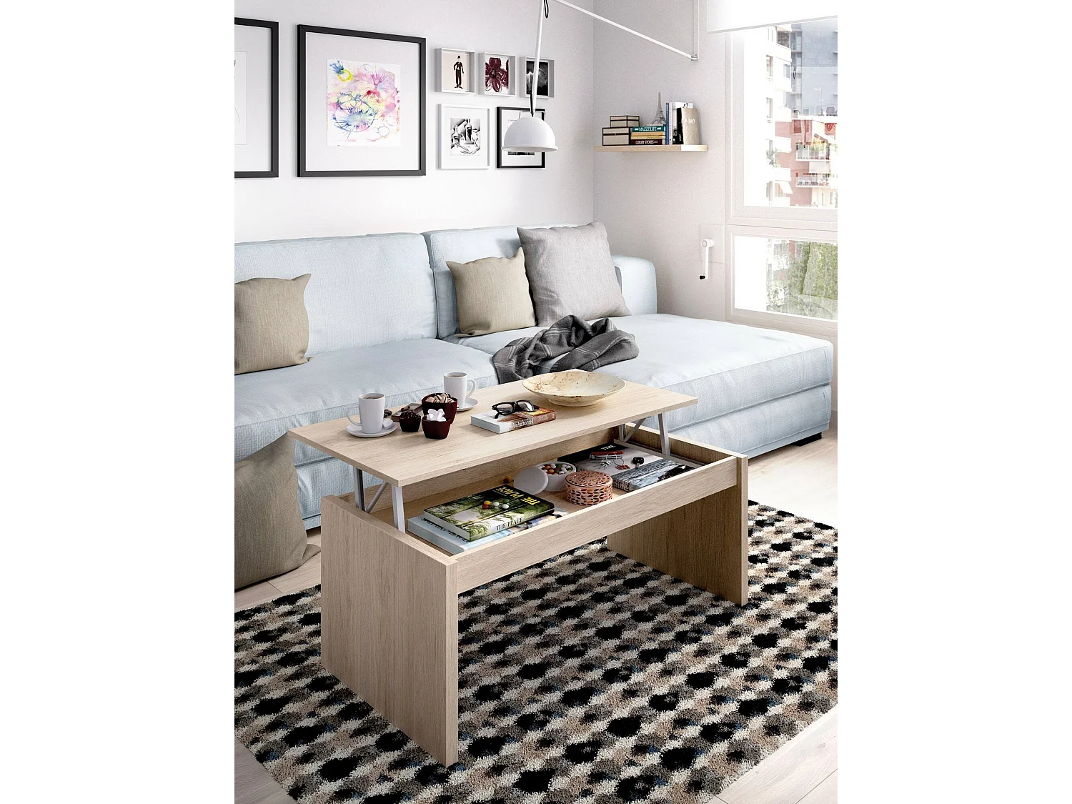 Table basse Dburgi, Porte-revues de salon avec compartiment de rangement, Table basse élévatrice basse, 102x50h43 cm, Chêne