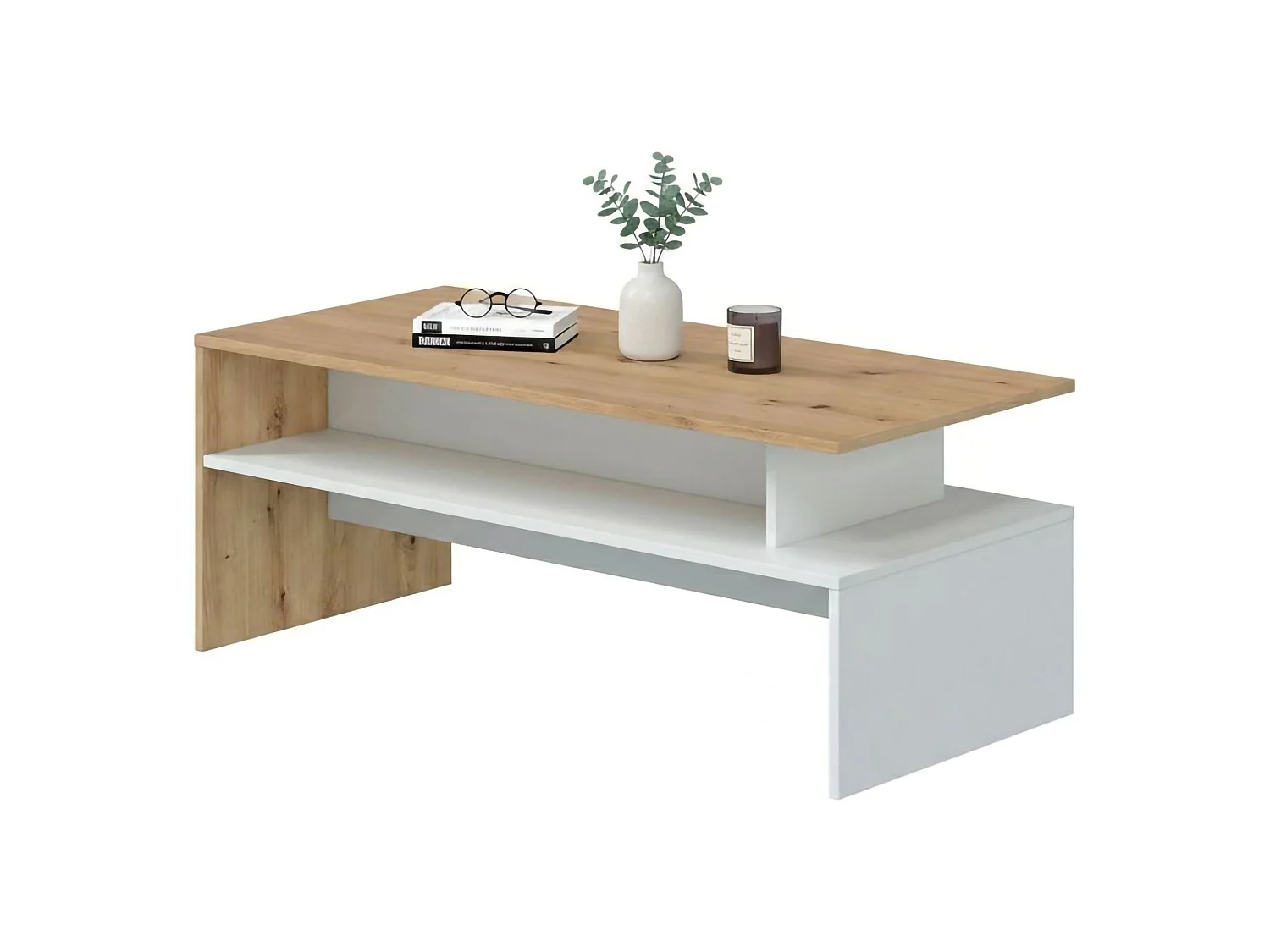 Dmore salontafel, salontafel in de woonkamer, salontafel, lage tafel, 100x50h43 cm, geknoopt eiken en glanzend wit