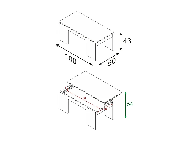 Mesa de centro Dgollin, Mesa de centro com tampo elevatório, Mesa baixa de sala, 100x50h43/84 cm, Carvalho