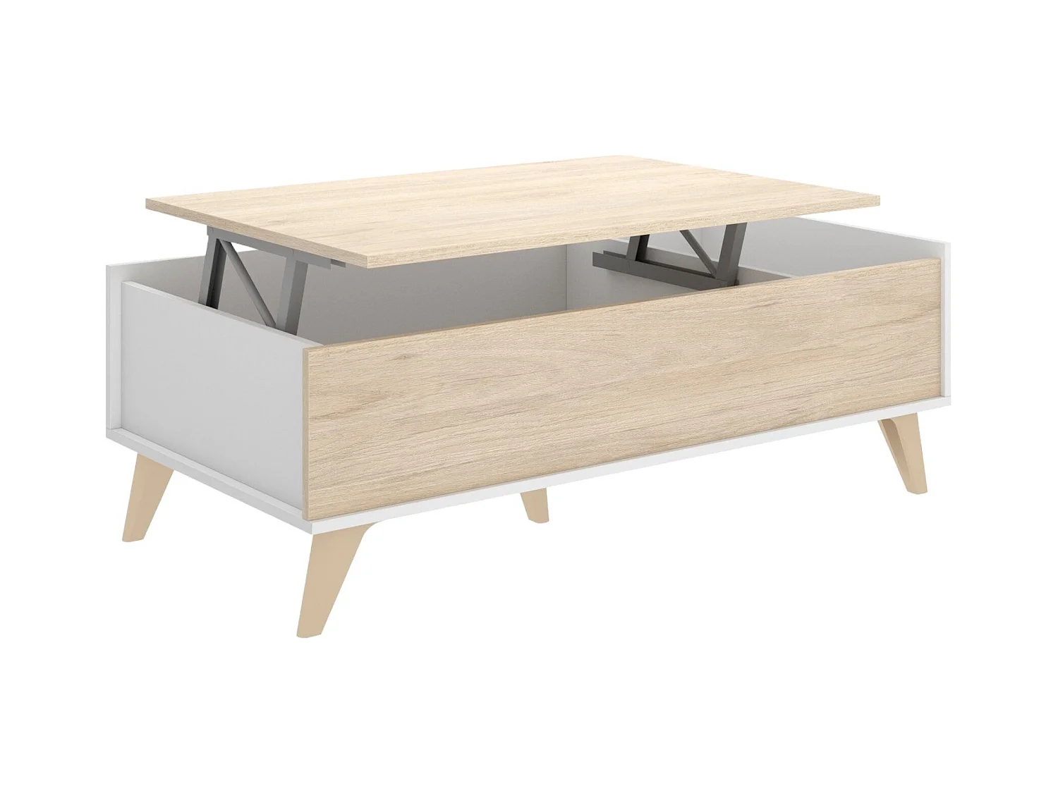 Table basse Dburs, Porte-revues de salon avec compartiment de rangement, Table basse élévatrice basse, 99x60h41 cm, Chêne et Blanc
