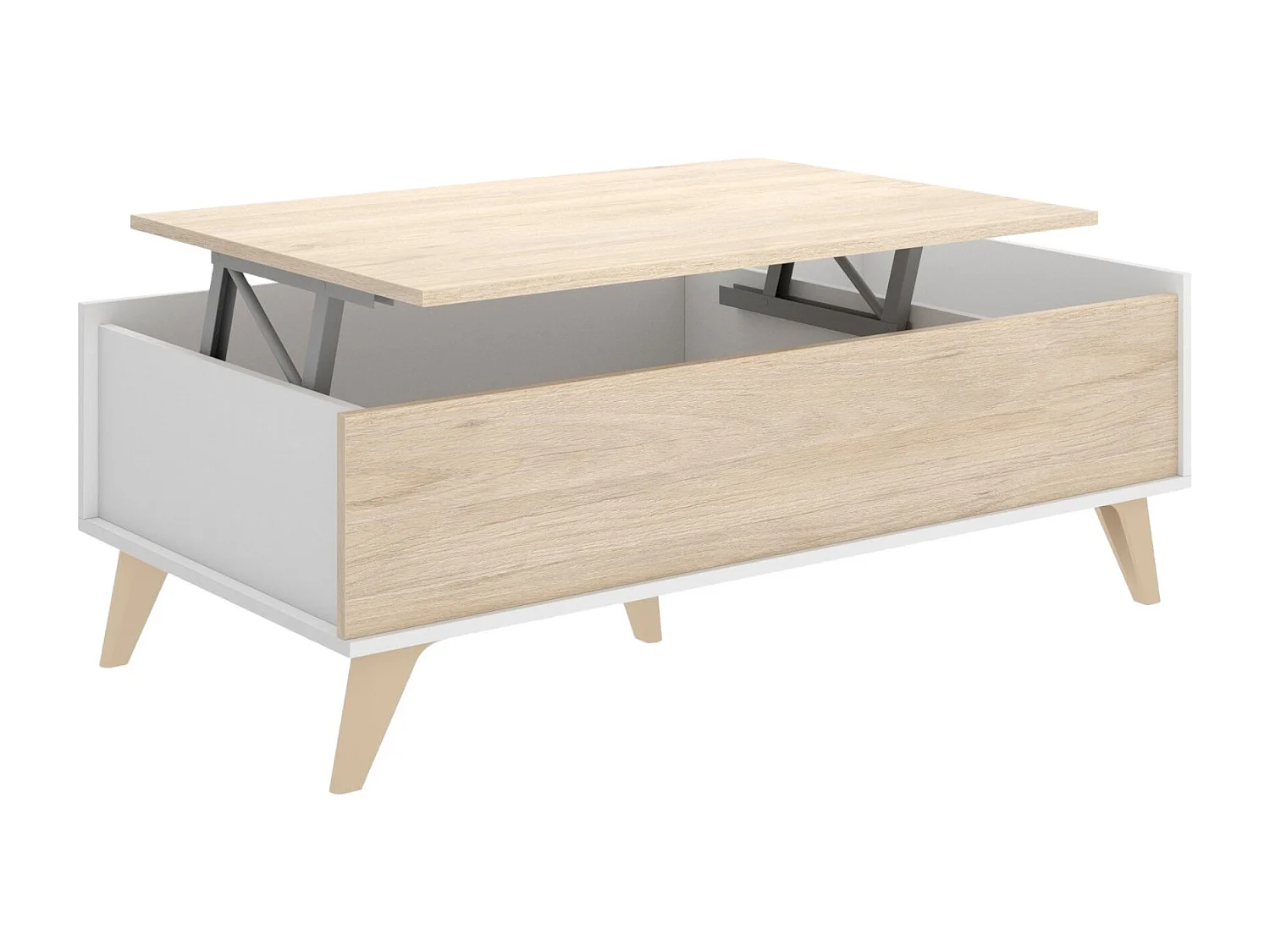 Mesa de centro Dburs, Porta-revistas para sala com compartimento de arrumação, Mesa de centro baixa elevada, 99x60h41 cm, Carvalho e Branco