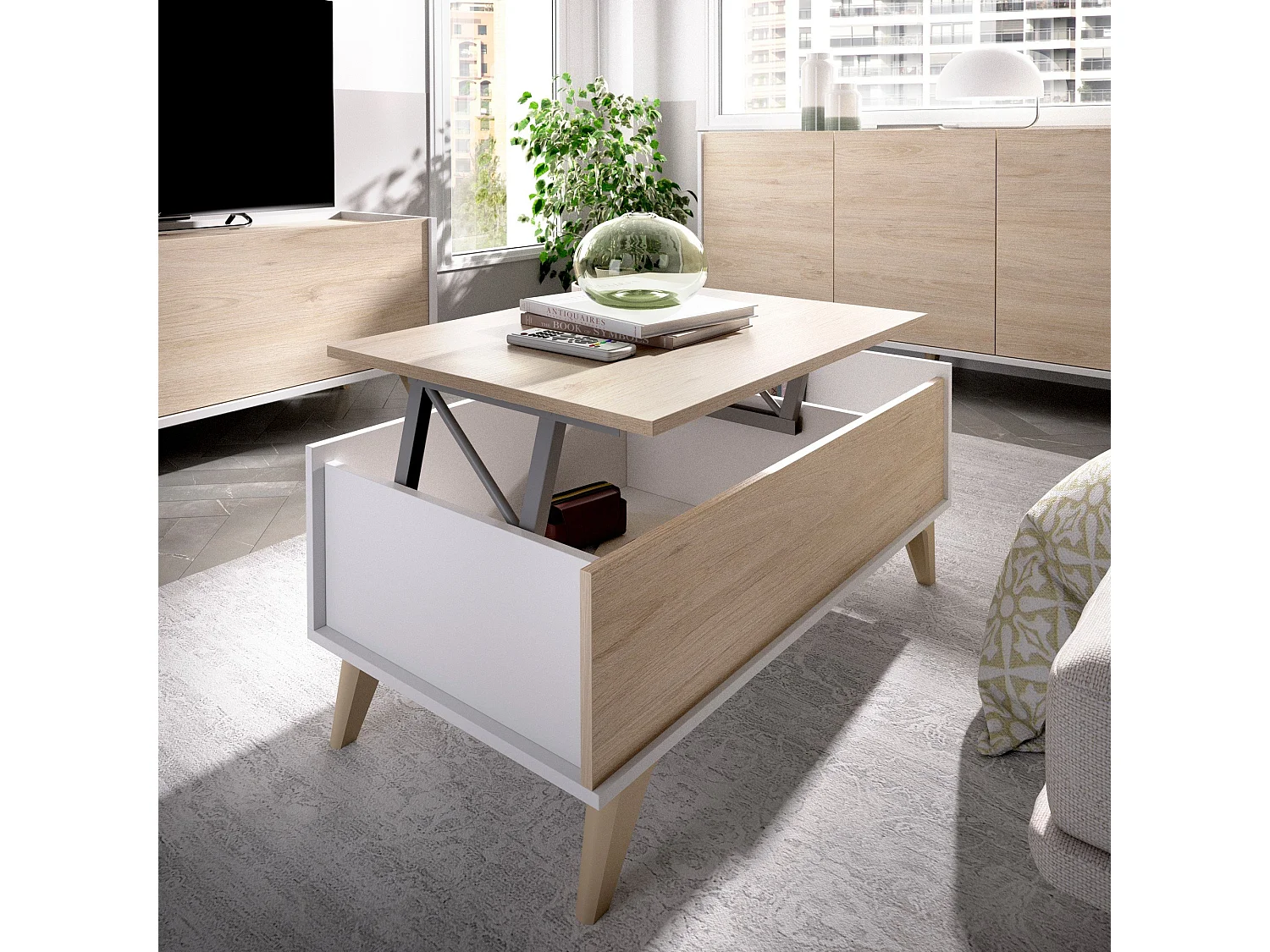 Mesa de centro Dburs, Porta-revistas para sala com compartimento de arrumação, Mesa de centro baixa elevada, 99x60h41 cm, Carvalho e Branco