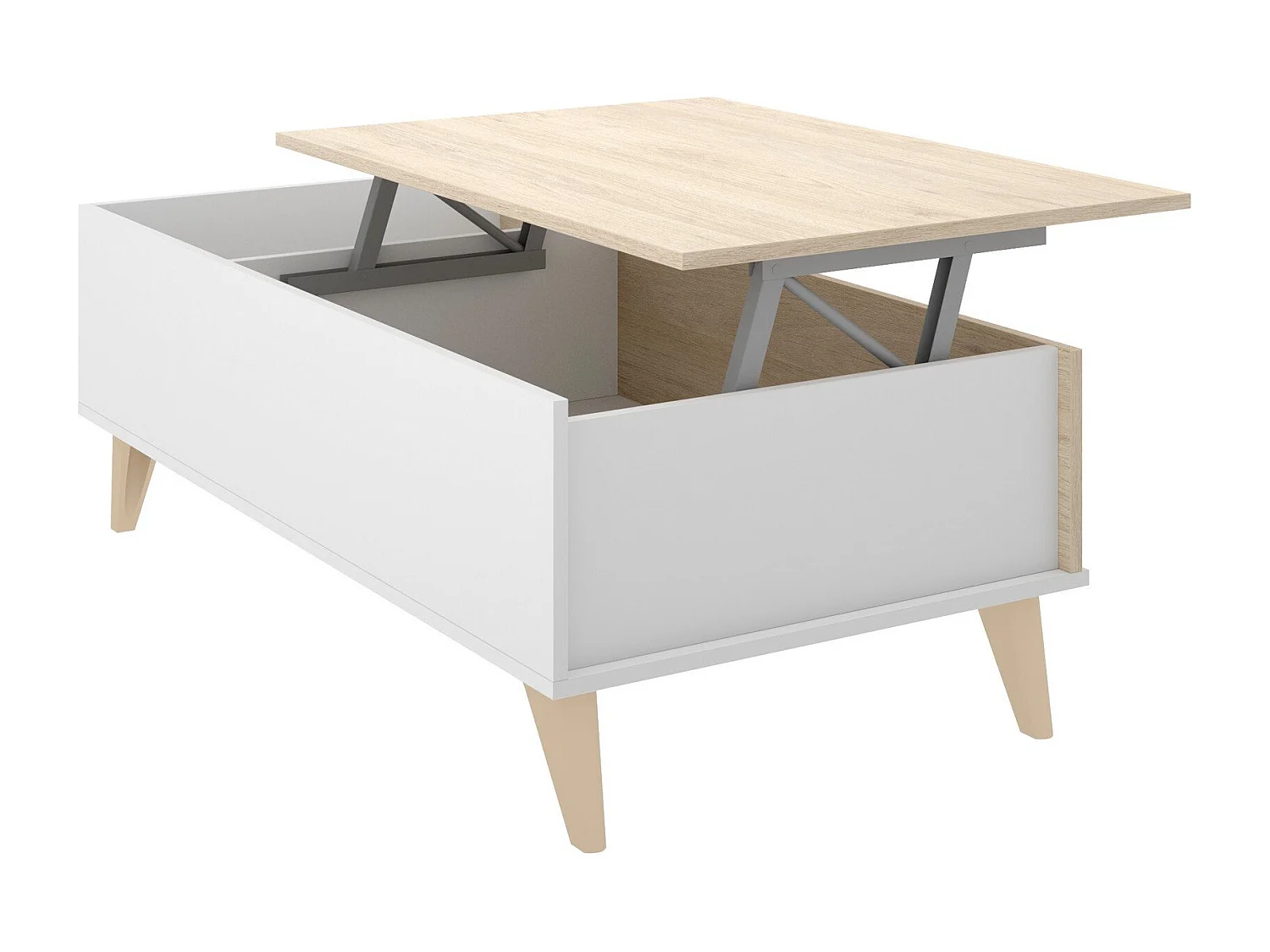 Table basse Dburs, Porte-revues de salon avec compartiment de rangement, Table basse élévatrice basse, 99x60h41 cm, Chêne et Blanc