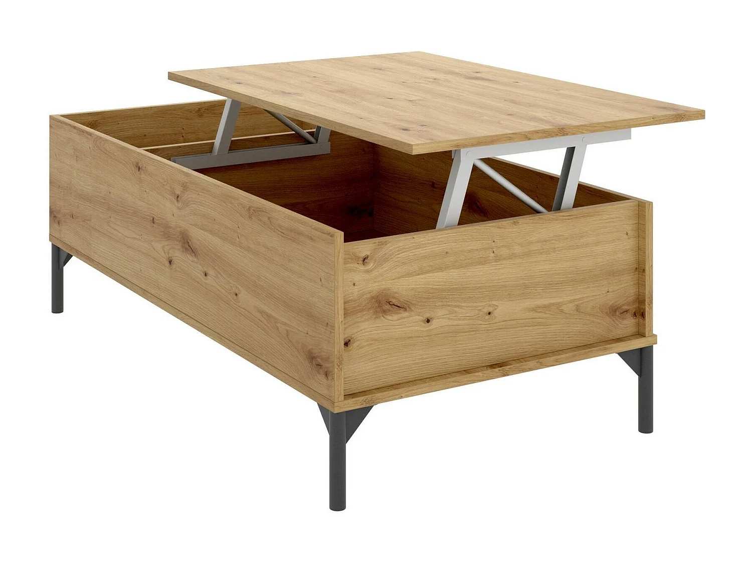 Table basse Cuna, Porte-revues de salon avec compartiment de rangement, Table basse élévatrice basse, 99x60h41 cm, Chêne Nodi