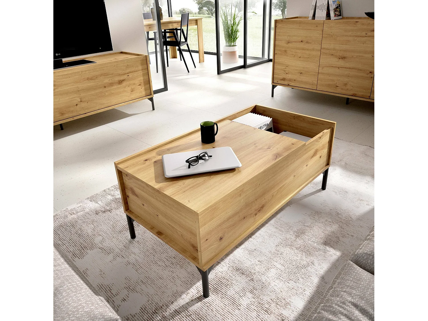 Table basse Cuna, Porte-revues de salon avec compartiment de rangement, Table basse élévatrice basse, 99x60h41 cm, Chêne Nodi