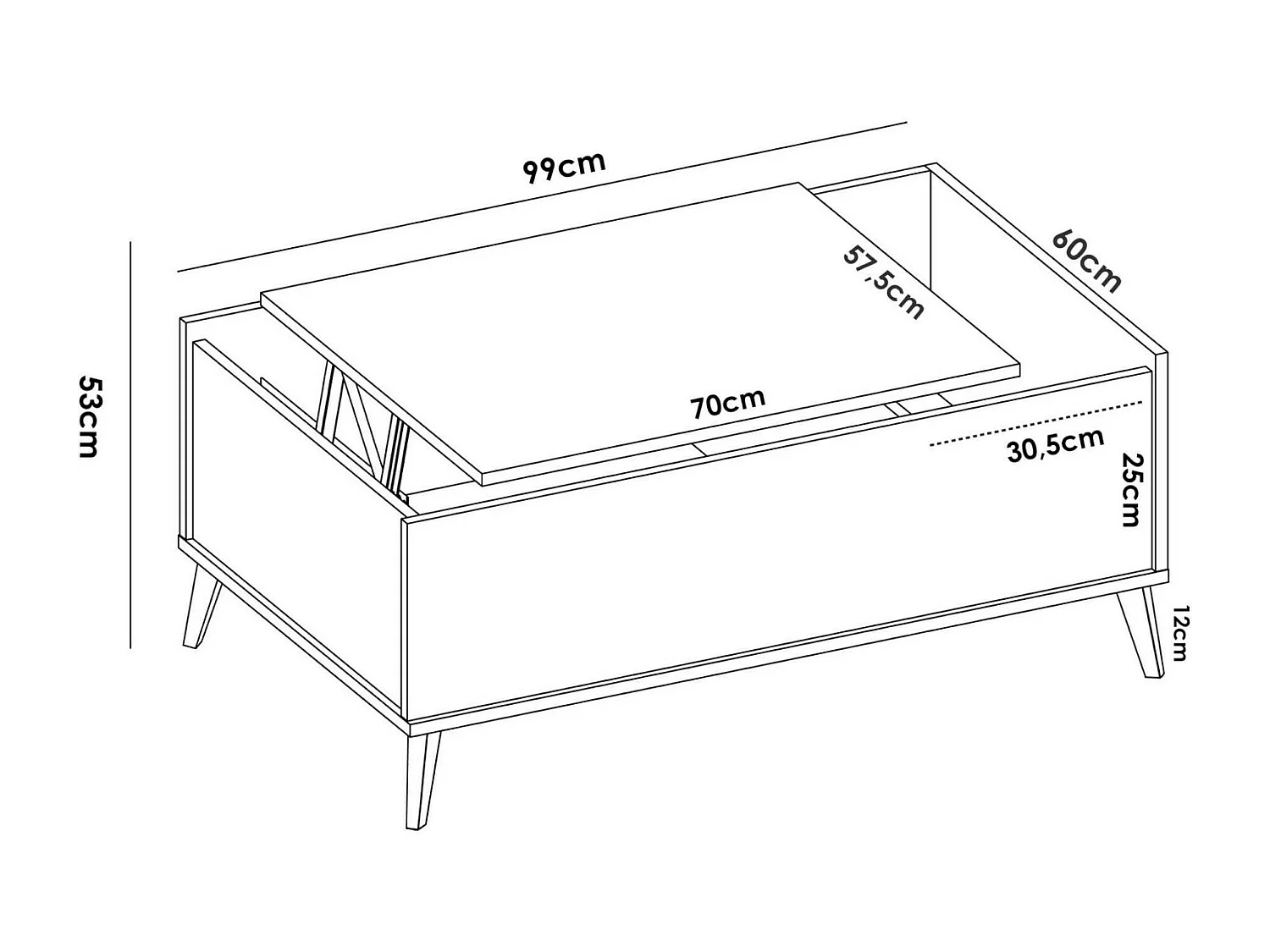 Table basse Cuna, Porte-revues de salon avec compartiment de rangement, Table basse élévatrice basse, 99x60h41 cm, Chêne Nodi