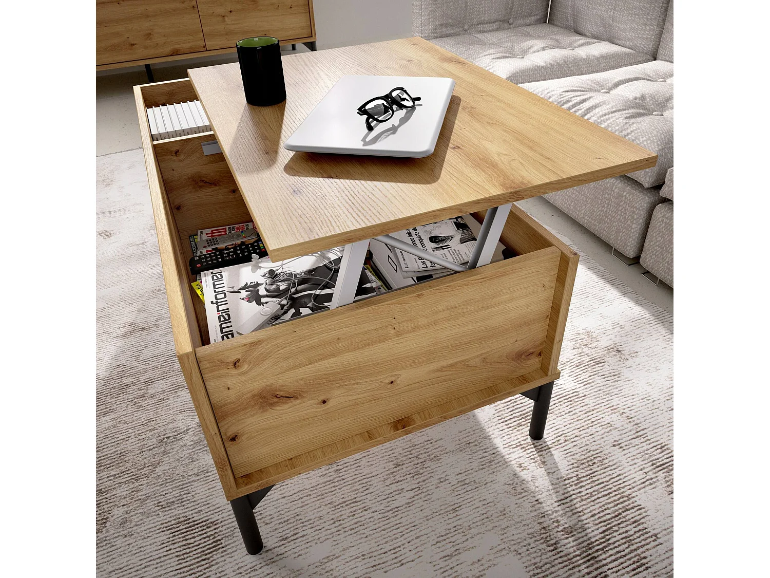 Table basse Cuna, Porte-revues de salon avec compartiment de rangement, Table basse élévatrice basse, 99x60h41 cm, Chêne Nodi