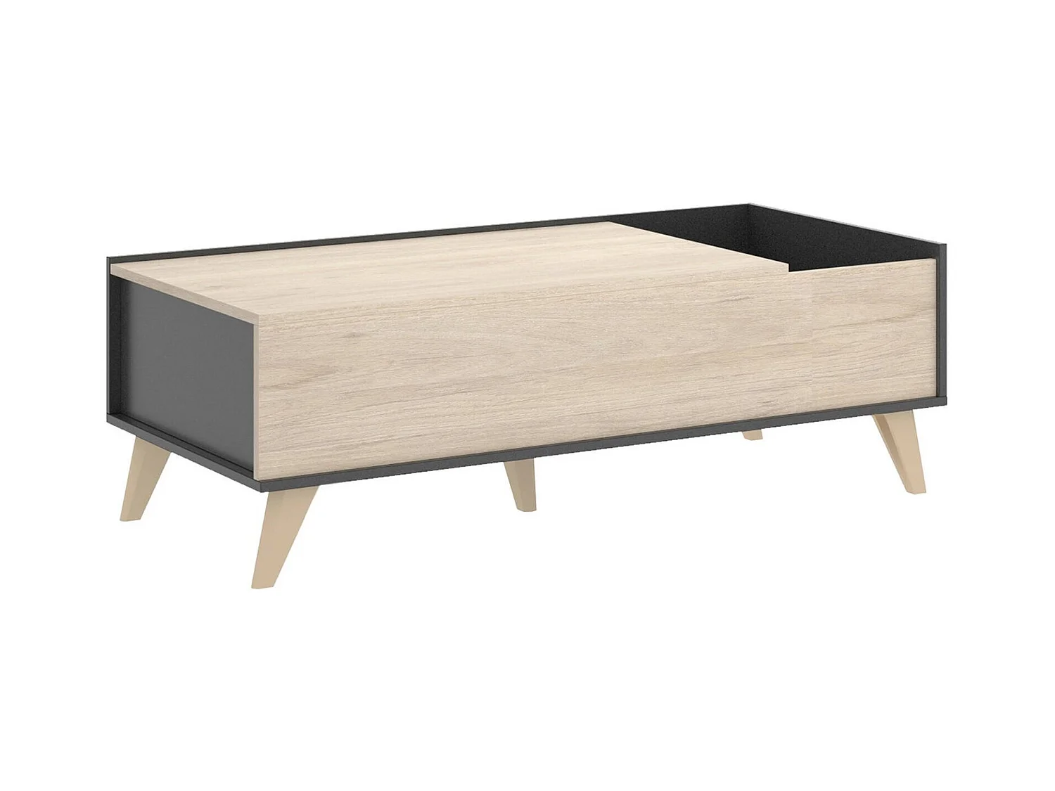 Table basse Dburs, Porte-revues de salon avec compartiment de rangement, Table basse élévatrice, 99x60h41 cm, Anthracite et Chêne