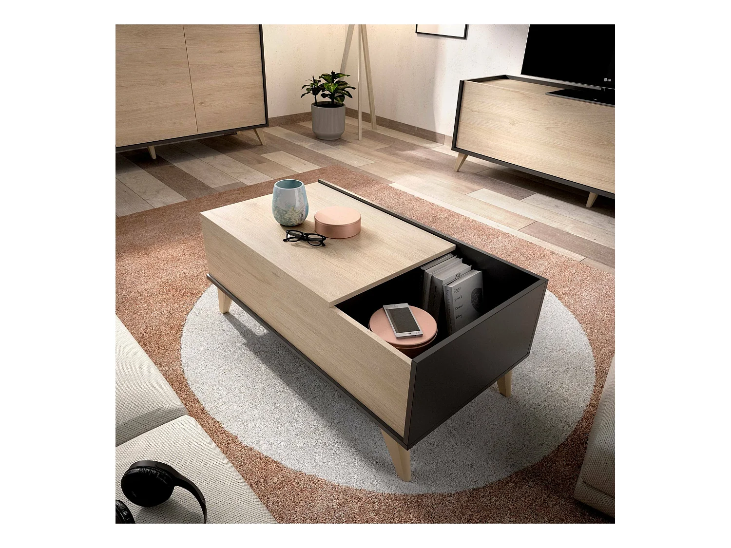 Table basse Dburs, Porte-revues de salon avec compartiment de rangement, Table basse élévatrice, 99x60h41 cm, Anthracite et Chêne