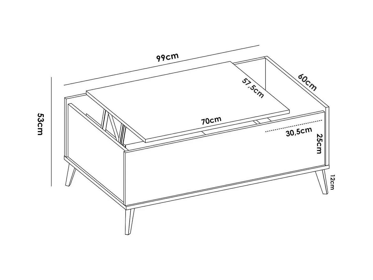 Table basse Dburs, Porte-revues de salon avec compartiment de rangement, Table basse élévatrice, 99x60h41 cm, Anthracite et Chêne