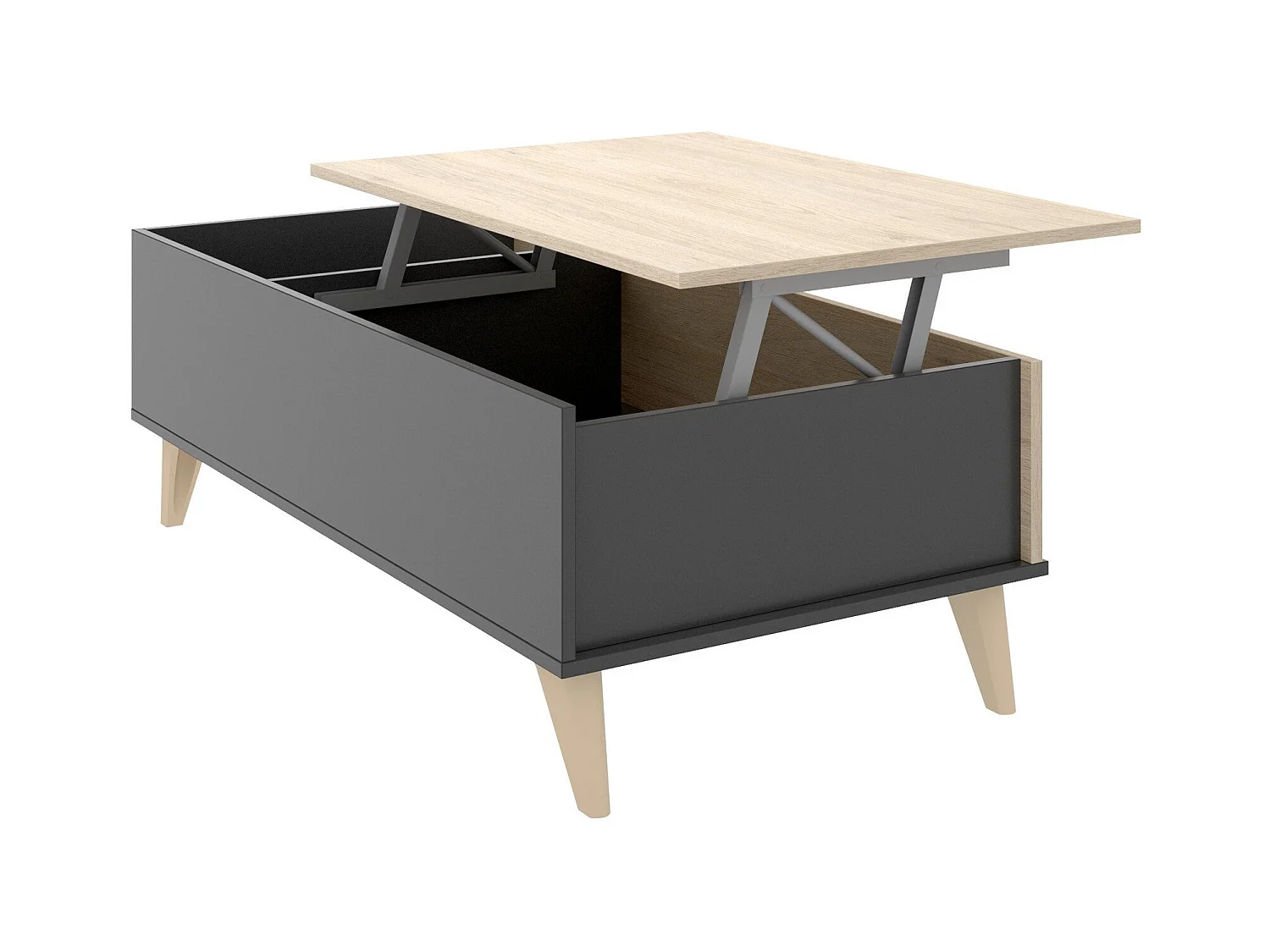 Table basse Dburs, Porte-revues de salon avec compartiment de rangement, Table basse élévatrice, 99x60h41 cm, Anthracite et Chêne
