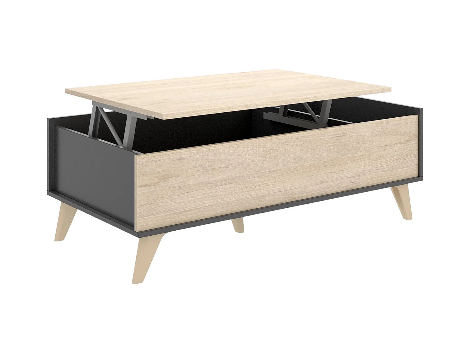 Table basse Dburs, Porte-revues de salon avec compartiment de rangement, Table basse élévatrice, 99x60h41 cm, Anthracite et Chêne