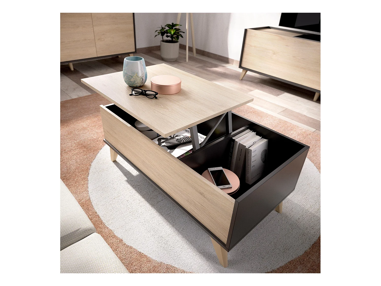 Table basse Dburs, Porte-revues de salon avec compartiment de rangement, Table basse élévatrice, 99x60h41 cm, Anthracite et Chêne