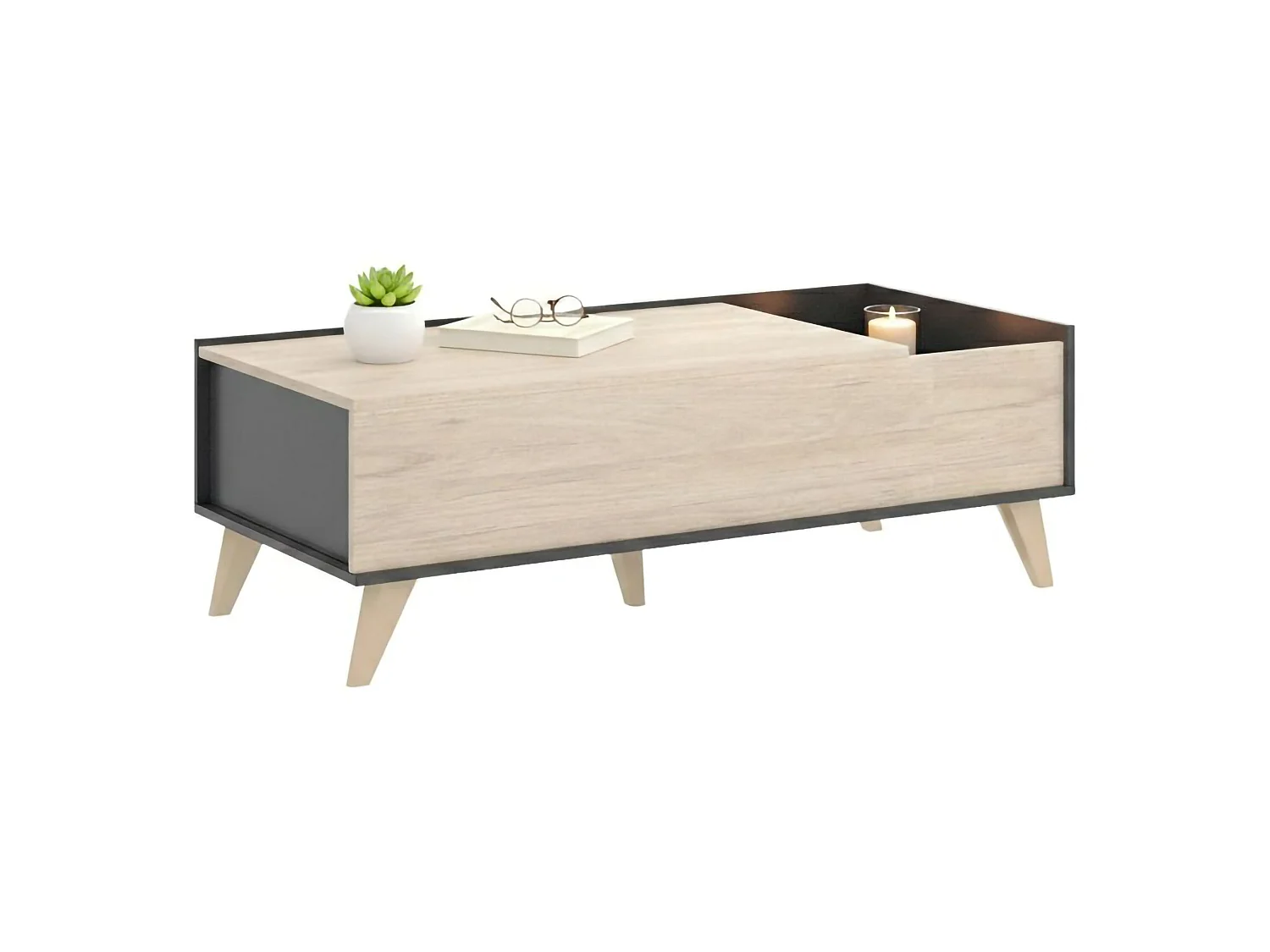 Table basse Dburs, Porte-revues de salon avec compartiment de rangement, Table basse élévatrice, 99x60h41 cm, Anthracite et Chêne