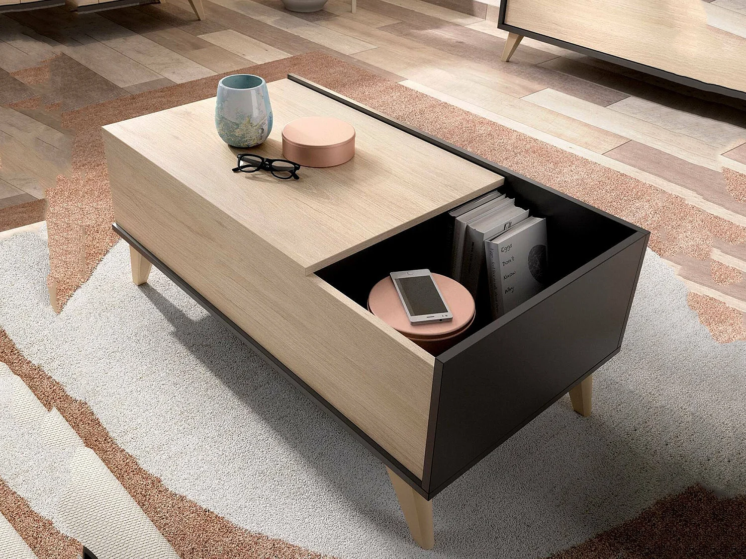 Table basse Dburs, Porte-revues de salon avec compartiment de rangement, Table basse élévatrice, 99x60h41 cm, Anthracite et Chêne