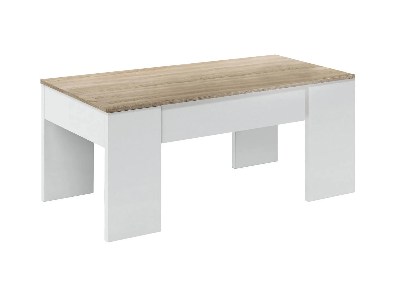 Table basse Dleal, Table basse avec plateau élévateur, Table basse de salon, 100x50h45/56 cm, Blanc et Chêne