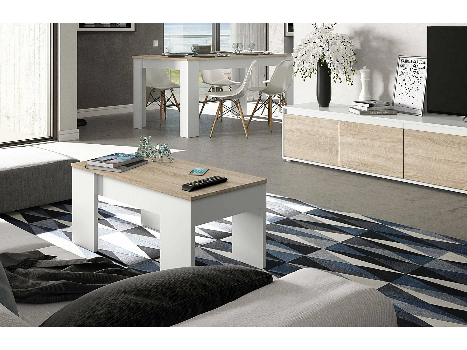 Dleal salontafel, Salontafel met verhoogd blad, Lage woonkamertafel, 100x50h45/56 cm, Wit en Eiken