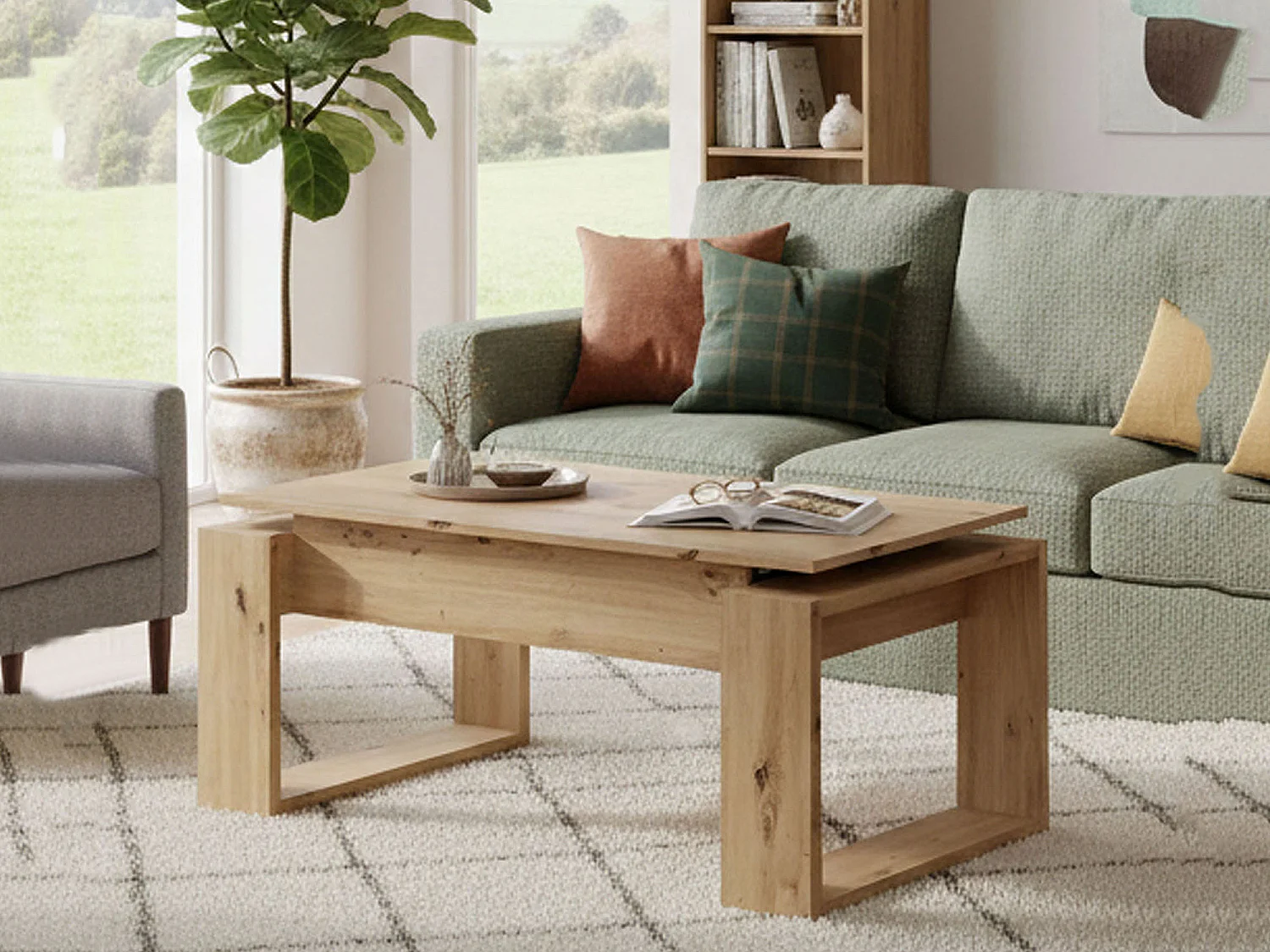 Table basse Ddav, Table basse avec plateau relevable, Table basse de salon, 105x55h45/56 cm, Chêne noué