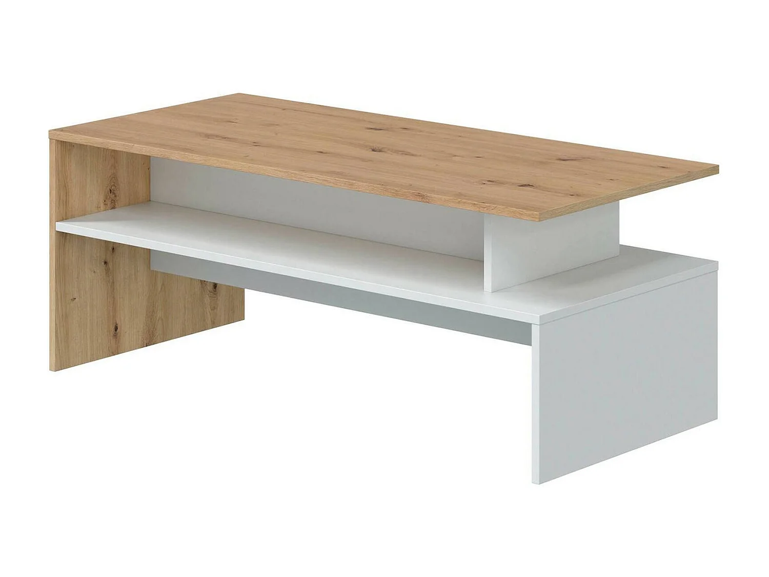Dmor Salontafel Vail 50x108x43h cm Wit Glanzend, Vaste Top, Opbergruimte, Melamine Randen, ABS Poten, 2 Compartimenten