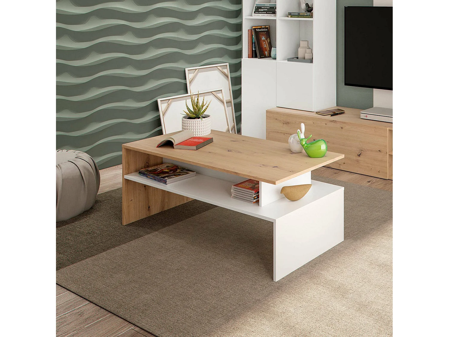 Dmor Salontafel Vail 50x108x43h cm Wit Glanzend, Vaste Top, Opbergruimte, Melamine Randen, ABS Poten, 2 Compartimenten