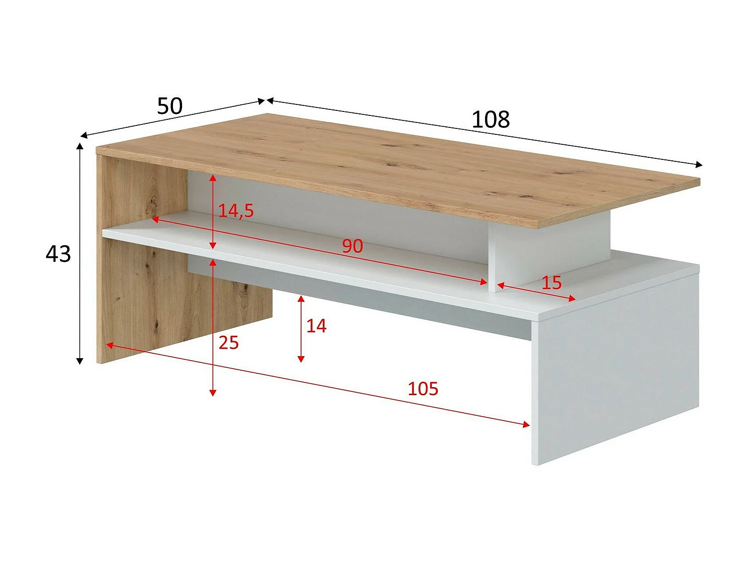 Dmor Salontafel Vail 50x108x43h cm Wit Glanzend, Vaste Top, Opbergruimte, Melamine Randen, ABS Poten, 2 Compartimenten