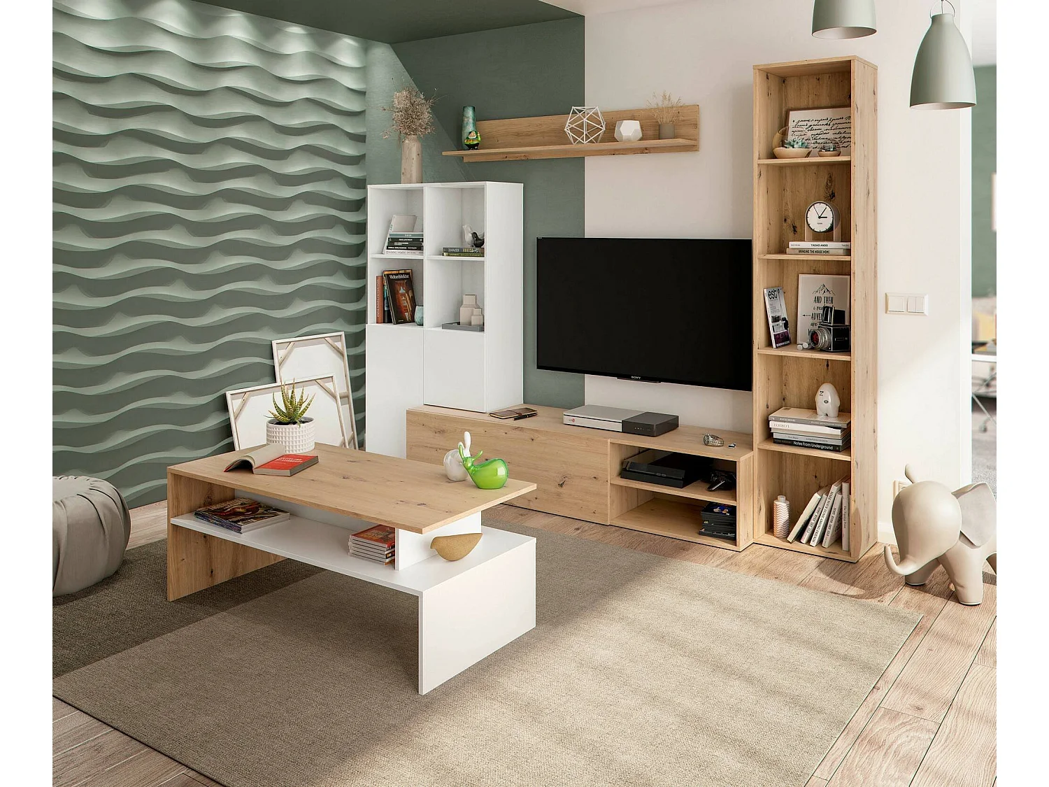 Dmor Salontafel Vail 50x108x43h cm Wit Glanzend, Vaste Top, Opbergruimte, Melamine Randen, ABS Poten, 2 Compartimenten