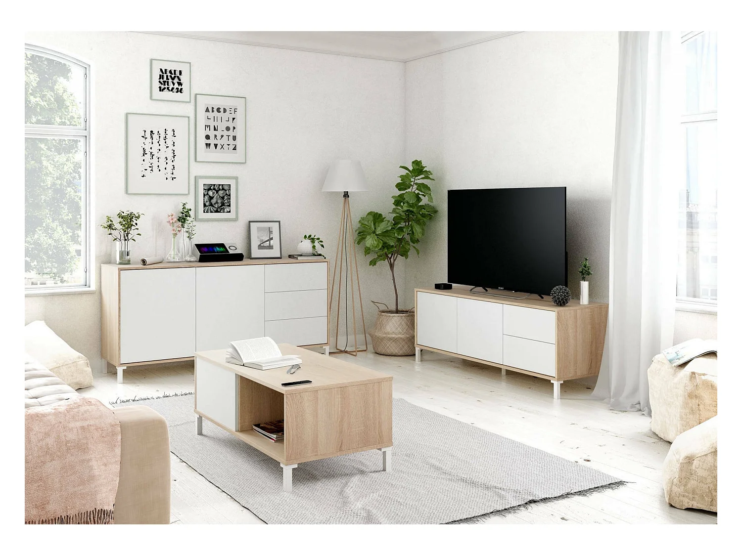 Dcresp salontafel, Salontafel, Lage woonkamertafel, 100x50h40 cm, Eiken en Wit