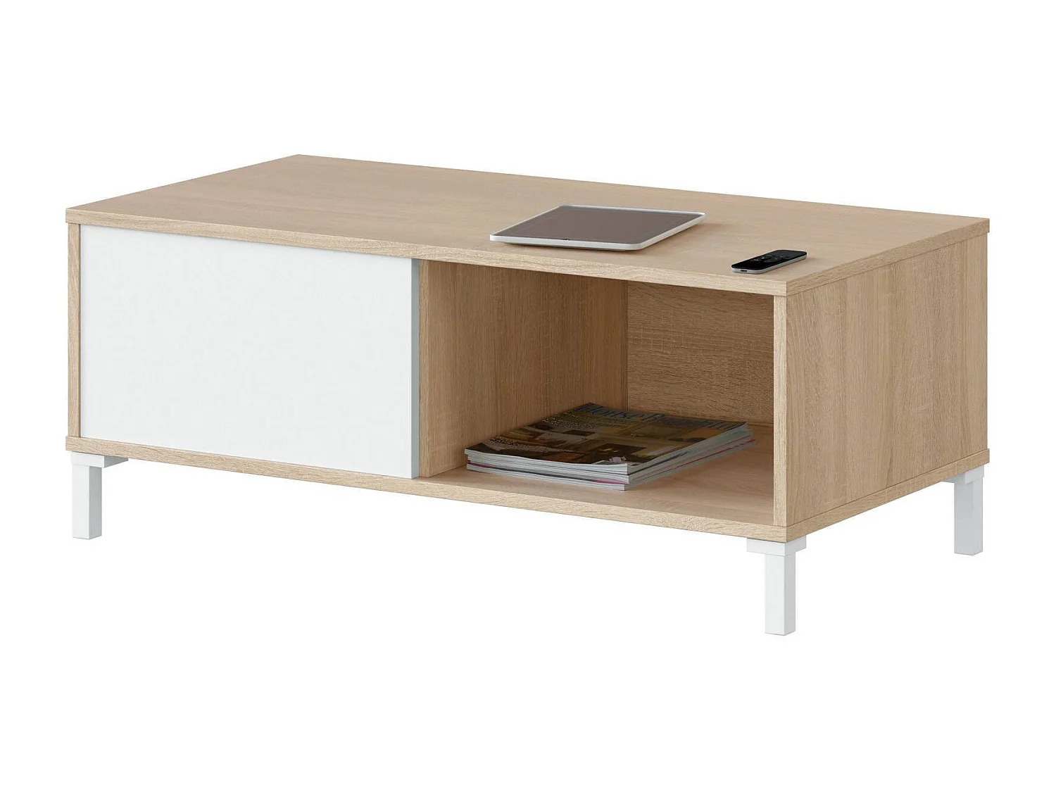 Table basse Dcresp, Table basse, Table basse de salon, 100x50h40 cm, Chêne et Blanc