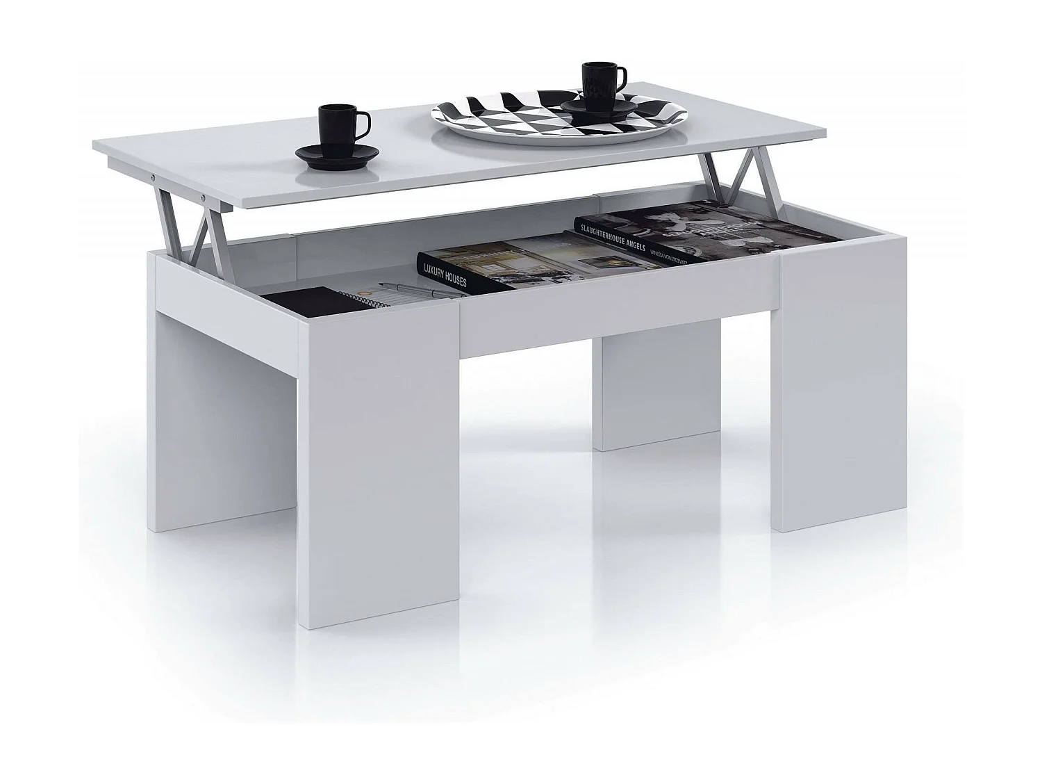 Table basse Dgollin, Table basse avec plateau relevable, Table basse de salon, 100x50h43/84 cm, Blanc brillant