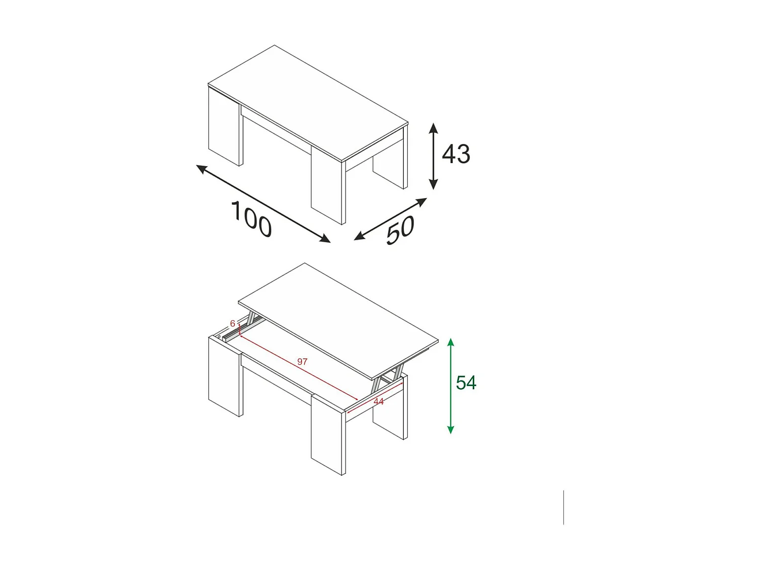 Mesa de centro Dgollin, Mesa de centro con tapa elevable, Mesa de centro para la sala de estar, 100x50h43/84 cm, Blanco brillante