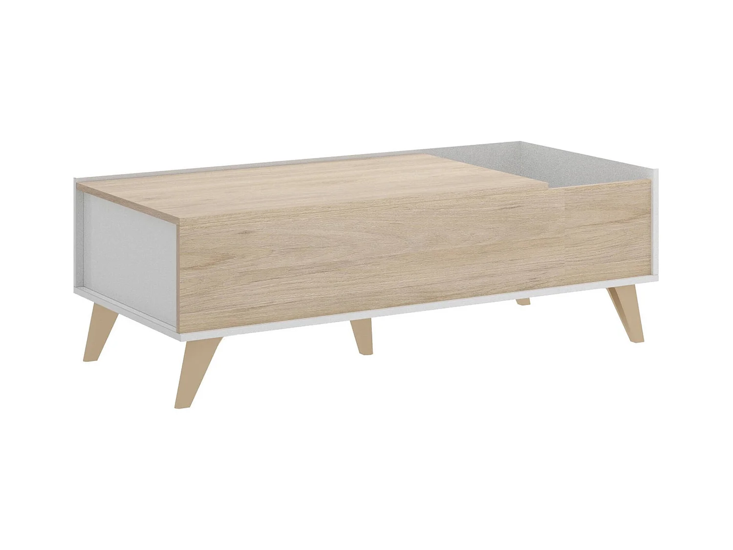 Table basse Cuna, Porte-revues de salon avec compartiment de rangement, Table basse élévatrice basse, 99x60h41 cm, Chêne et Blanc