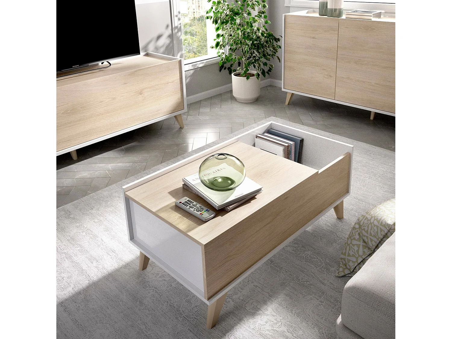 Dmora Salontafel Cuna 60x99x41h cm Wit Opbergruimte, Rechthoekig