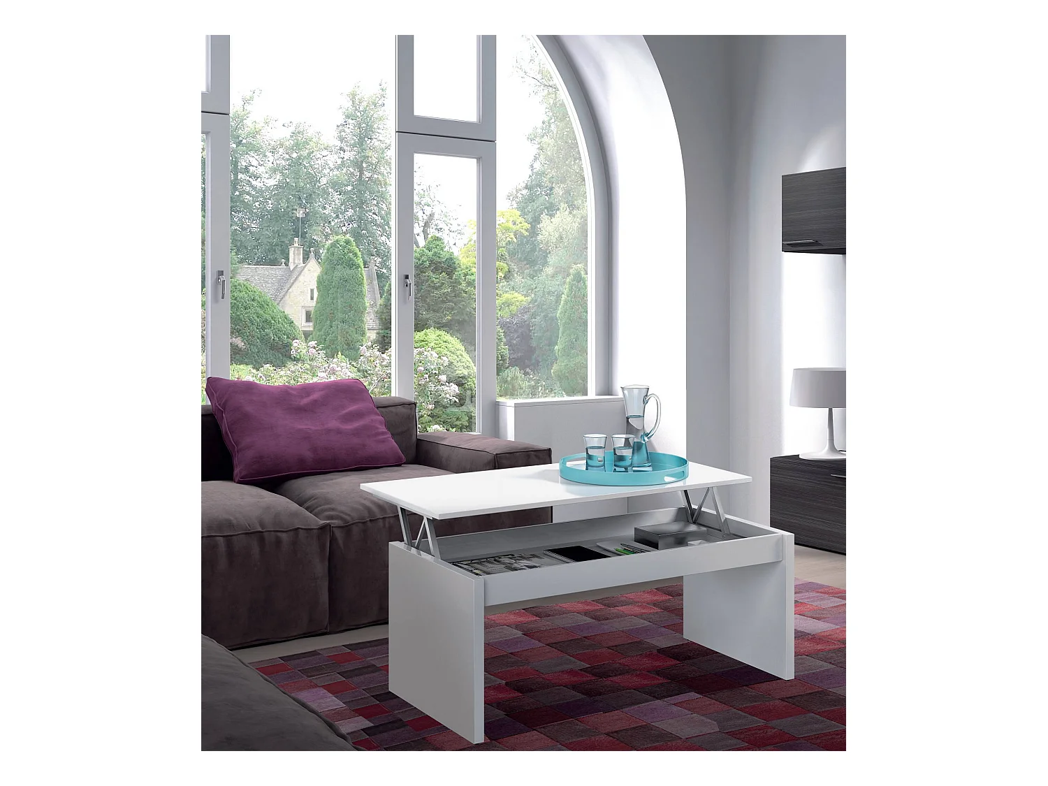 Table basse Dlenzin, Table basse avec plateau relevable, Table basse de salon, 102x50h43/54 cm, Blanc brillant