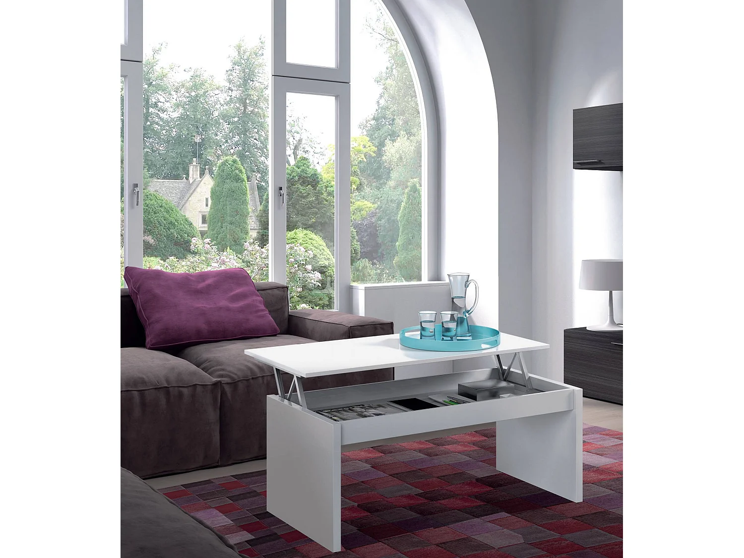 Table basse Dlenzin, Table basse avec plateau relevable, Table basse de salon, 102x50h43/54 cm, Blanc brillant