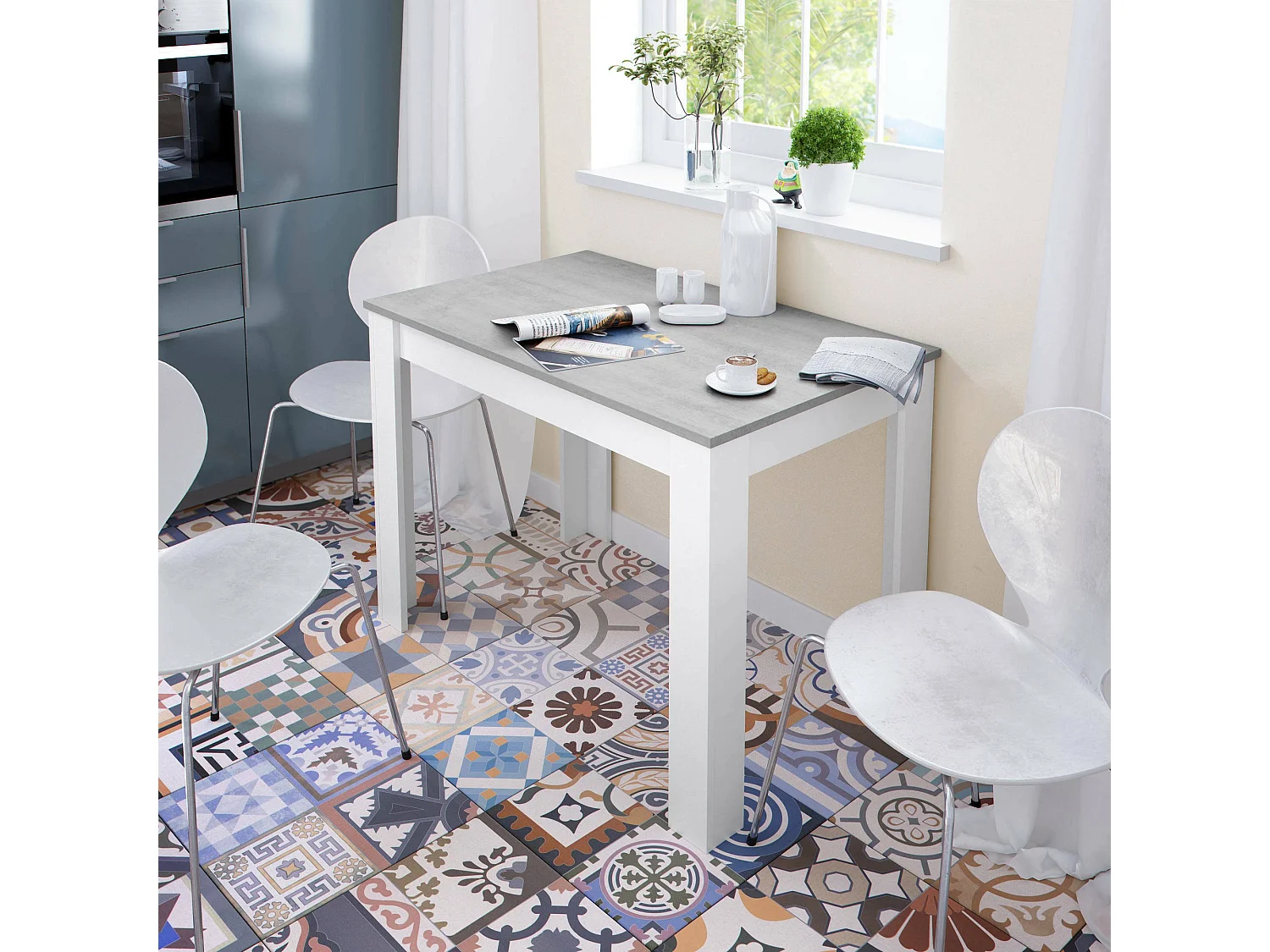 Fester Tisch Dghio, Esszimmertisch, Moderner Konsolentisch für Wohnzimmer oder Küche, 109x67x78 cm, WeiÃŸ und Zement