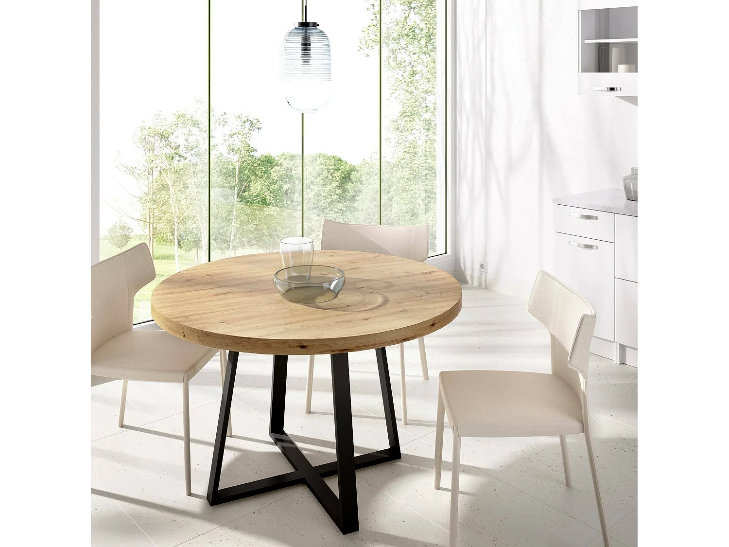 Table fixe Carone, Table à manger polyvalente, Table ronde de cuisine ou de salle à manger, 120x120h75 cm, Chêne Nodi