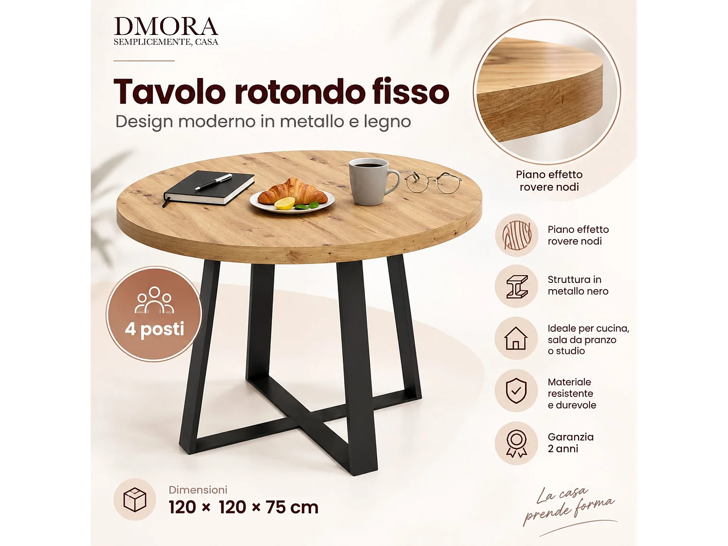 Dmora Vaste Tafel Carone 120x120x75h cm Zwart 4 Personen Rond, Structuurmateriaal van Gefineerd Hout