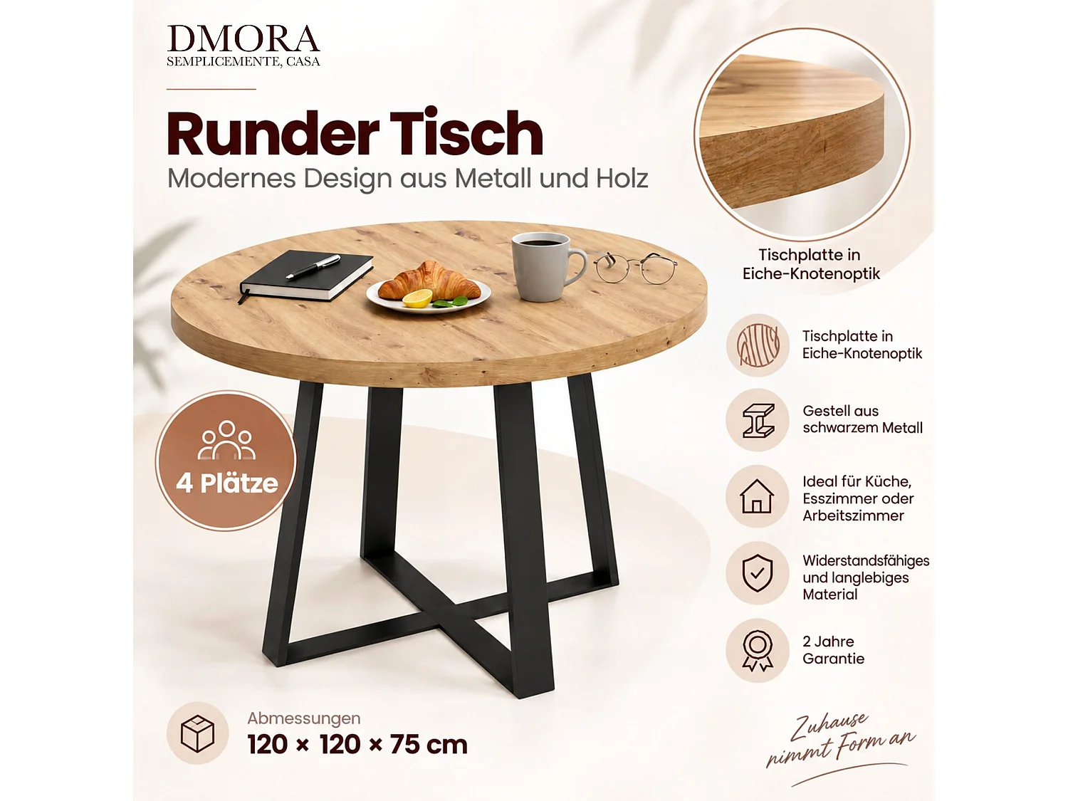 Dmora Vaste Tafel Carone 120x120x75h cm Zwart 4 Personen Rond, Structuurmateriaal van Gefineerd Hout