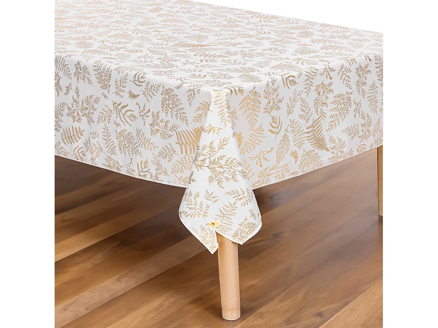 Nappe anti-taches Blanche imprimé Feuillage doré 140 x 360 cm