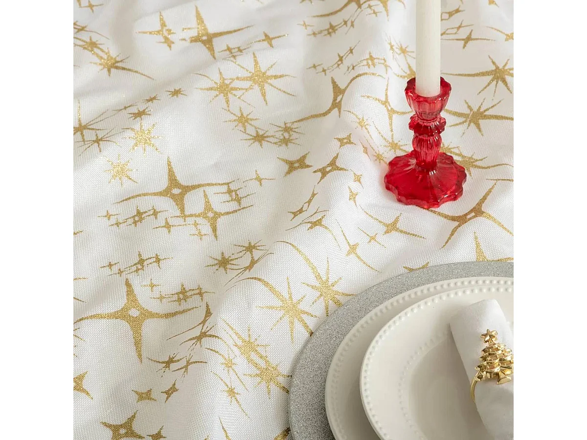 Nappe Motif Étoiles "Colorama" 140x360cm Blanc & Or