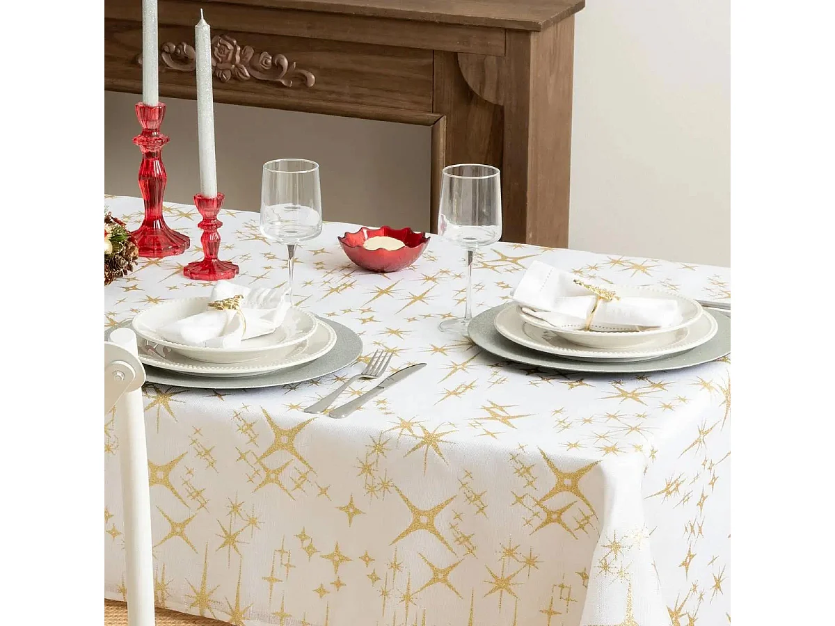 Nappe Motif Étoiles "Colorama" 140x360cm Blanc & Or