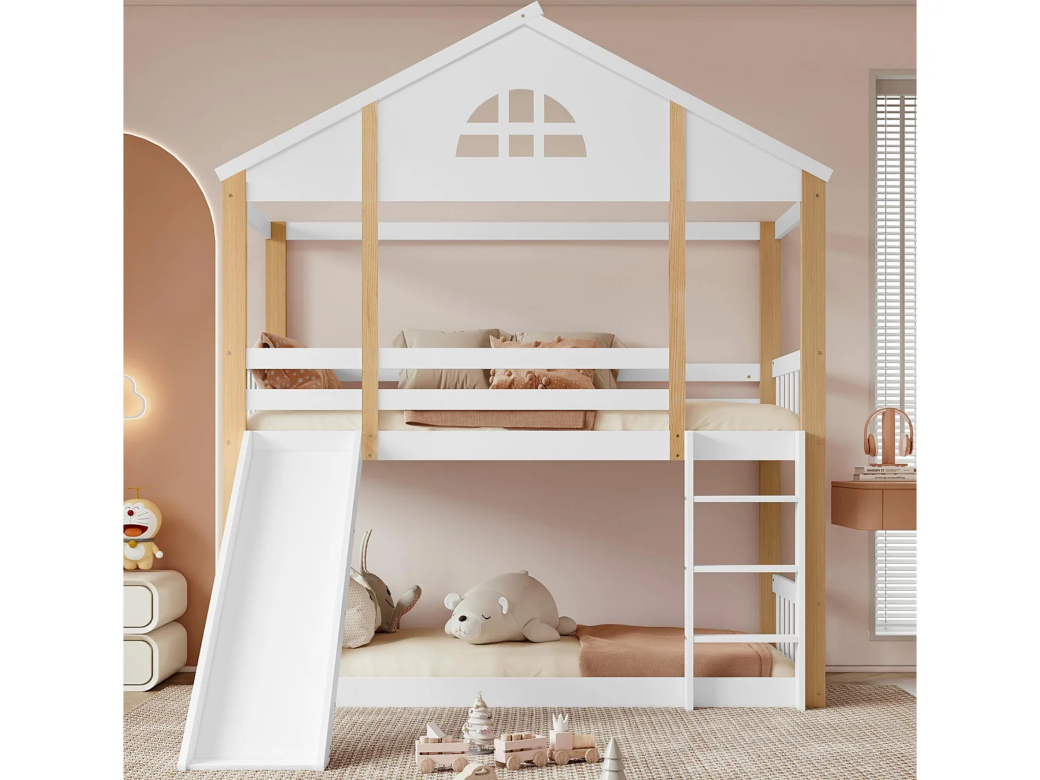 Stapelbed van massief hout met ladder en glijbaan - 90x200 cm - Wit